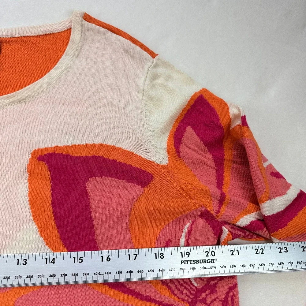 Chicos Orange Pink Floral‎ Intarsia Cotton Lyocell Knit Sweater Top Size 2